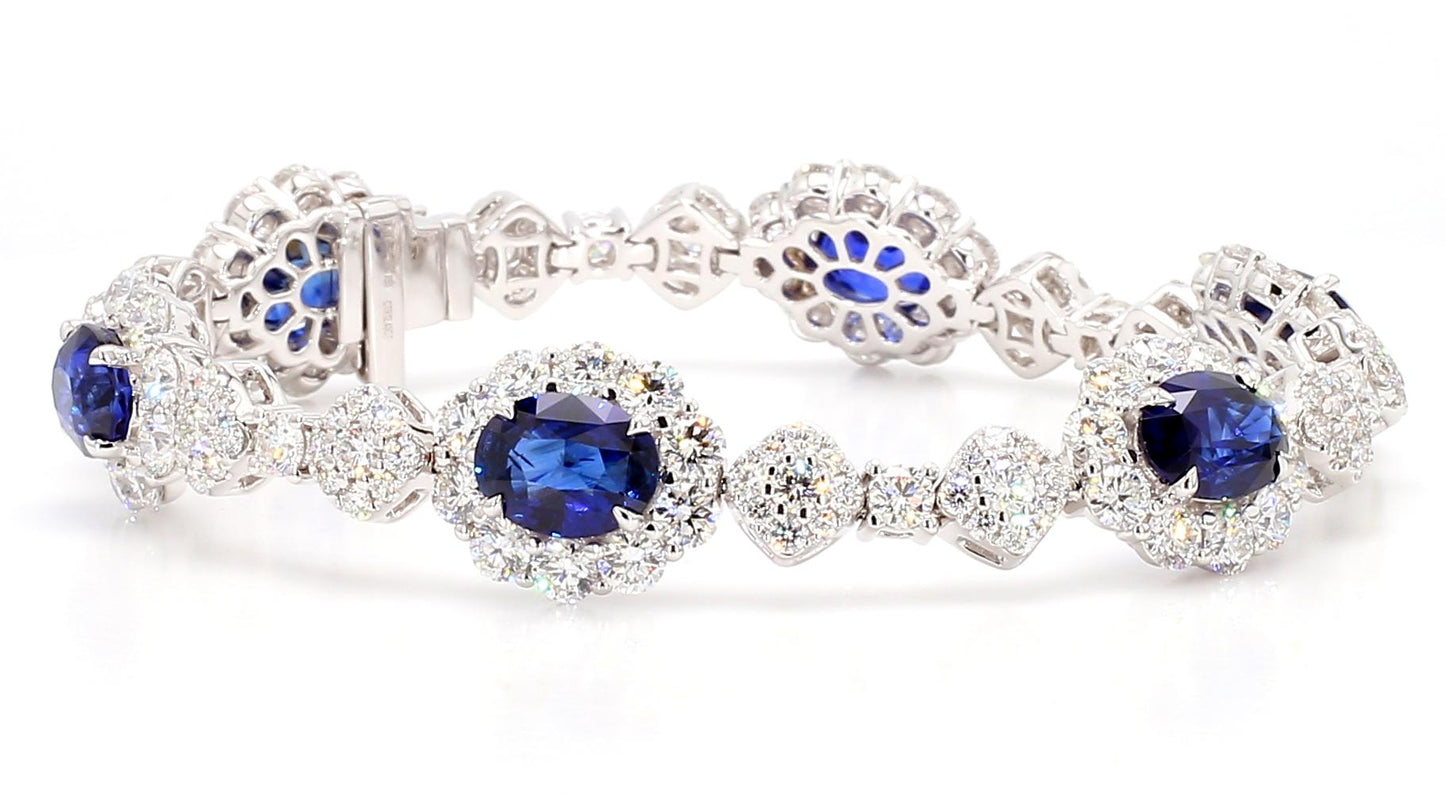 GIA Natural Blue Oval Sapphire and Diamond 21.69 Carat TW Gold Bracelet