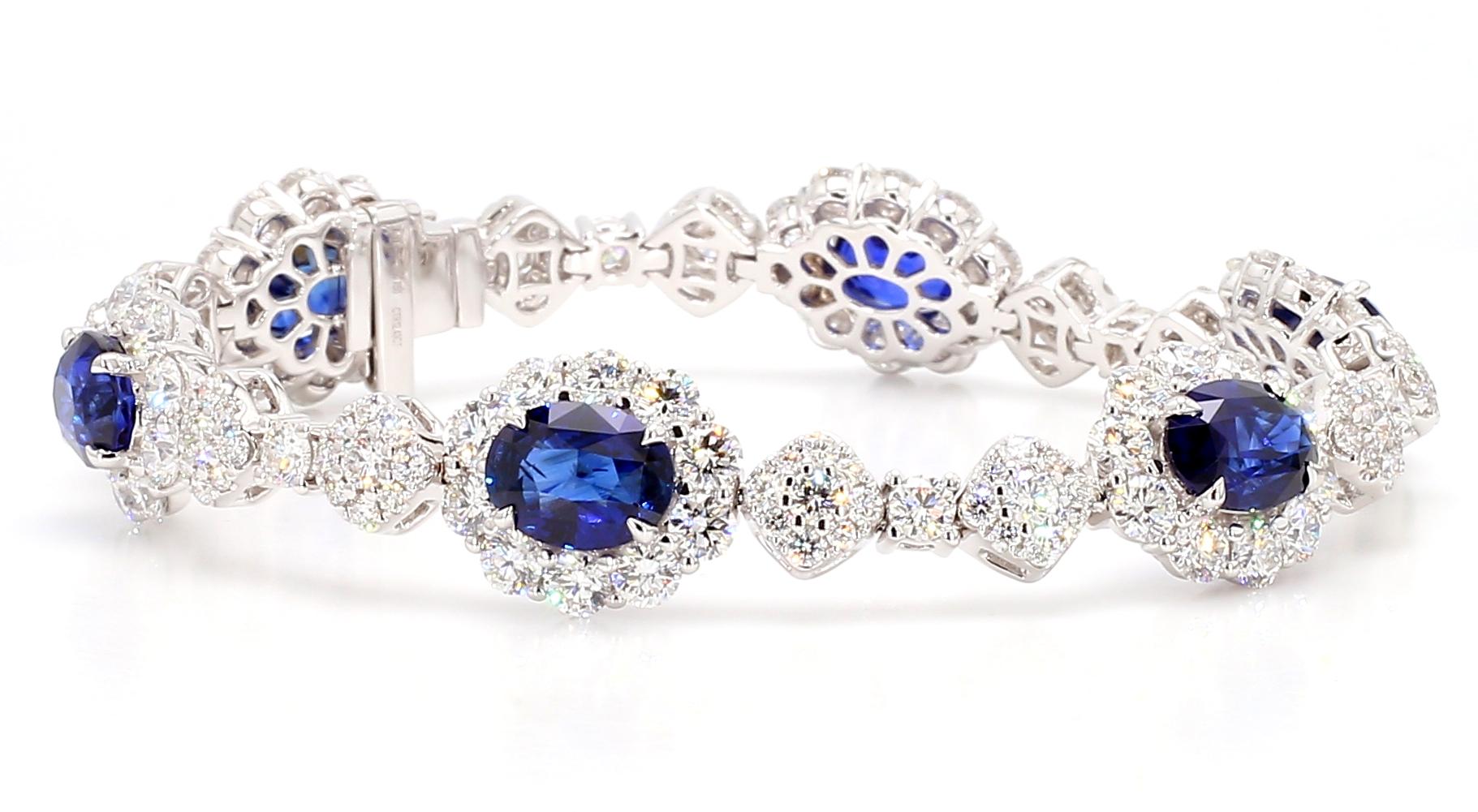 GIA Natural Blue Oval Sapphire and Diamond 21.69 Carat TW Gold Bracelet
