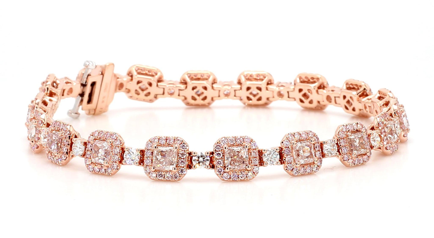 GIA Natural Fancy Light Brown-Pink Cushion Diamond 8.89 Carat TW Gold Bracelet