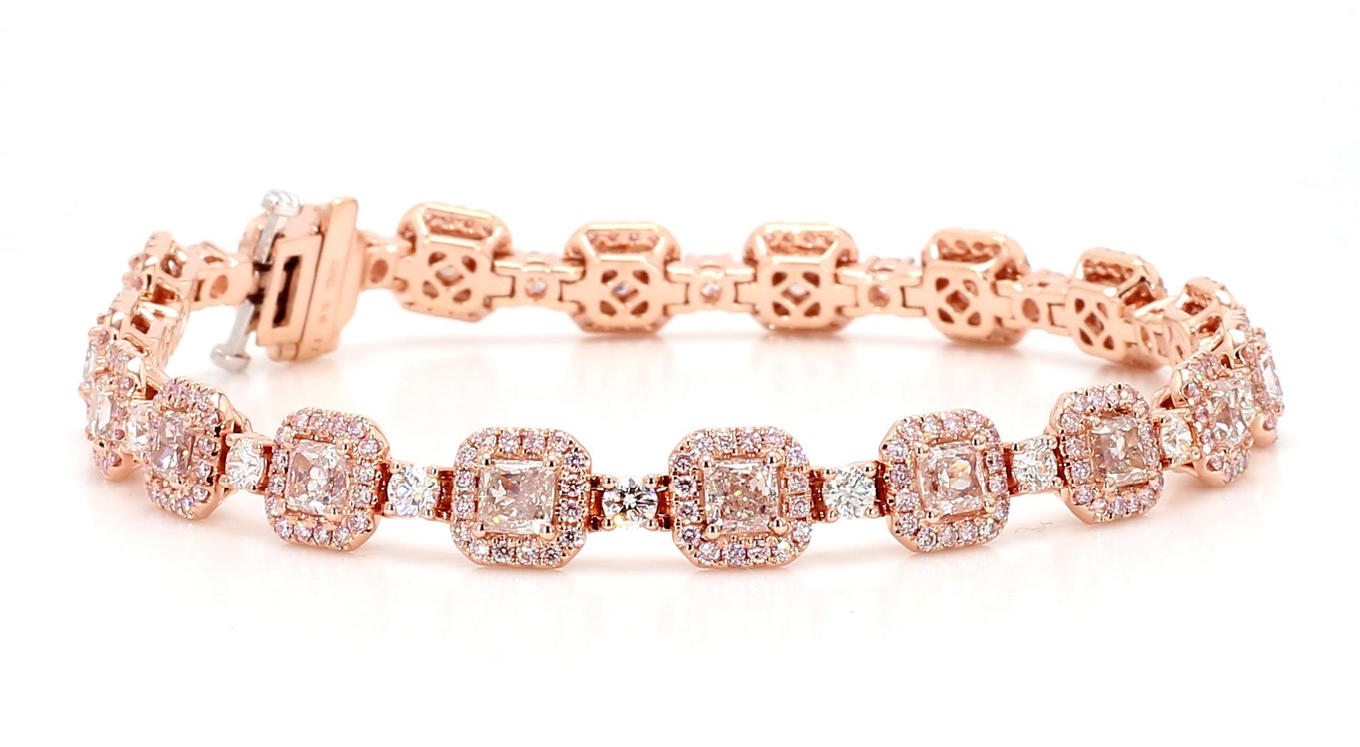 GIA Natural Fancy Light Brown-Pink Cushion Diamond 8.89 Carat TW Gold Bracelet