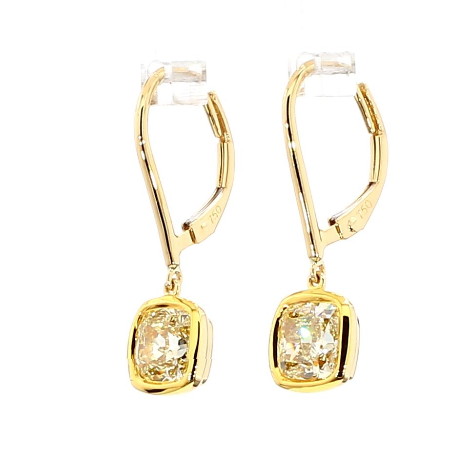 GIA Certified Natural Yellow Cushion Diamond 2.28 Carat TW Gold Earrings