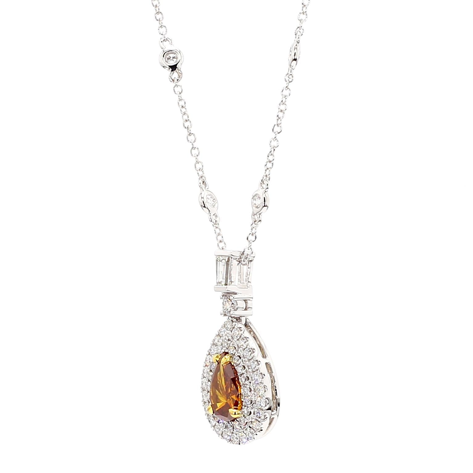 GIA Fancy Deep Brownish Yellowish Orange Pear Diamond 1.95 CTS Gold Necklace