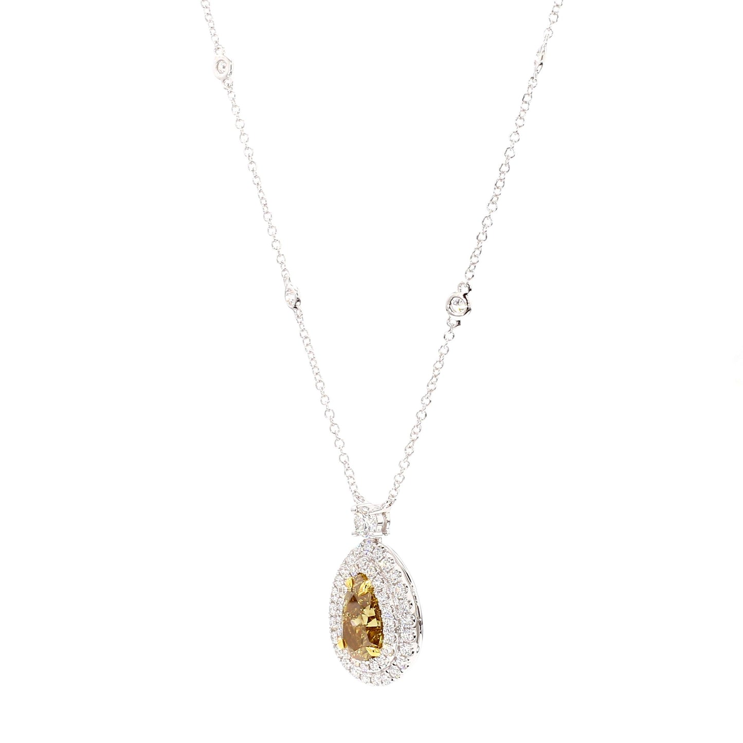 GIA Natural Fancy Deep Brownish Yellow Pear Diamond 3.27 Carat TW Gold Necklace