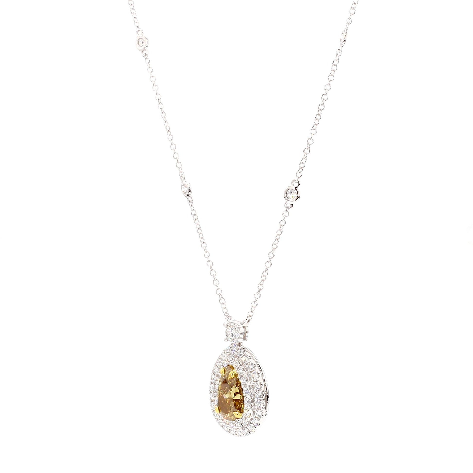 GIA Natural Fancy Deep Brownish Yellow Pear Diamond 3.27 Carat TW Gold Necklace