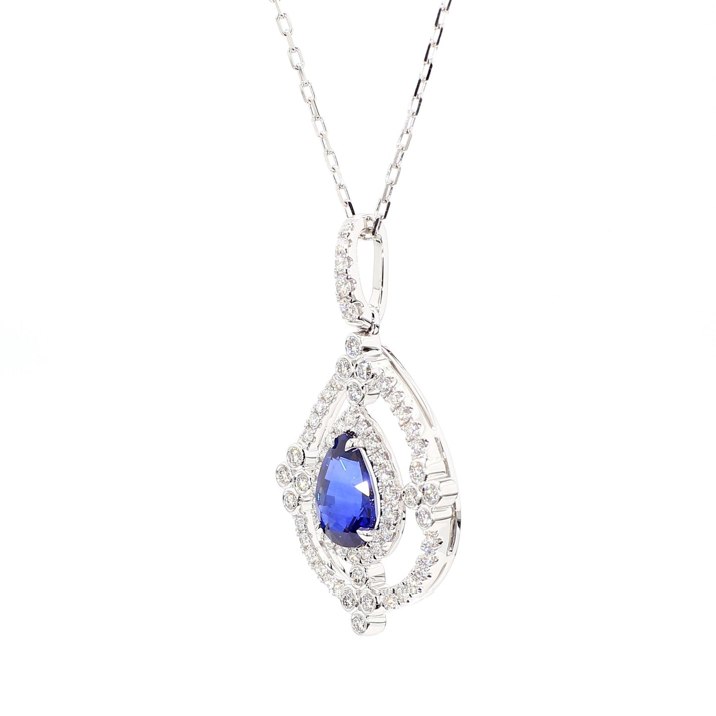 GIA Certified Natural Blue Pear Sapphire and Diamond 2.60 Carat TW Gold Pendant