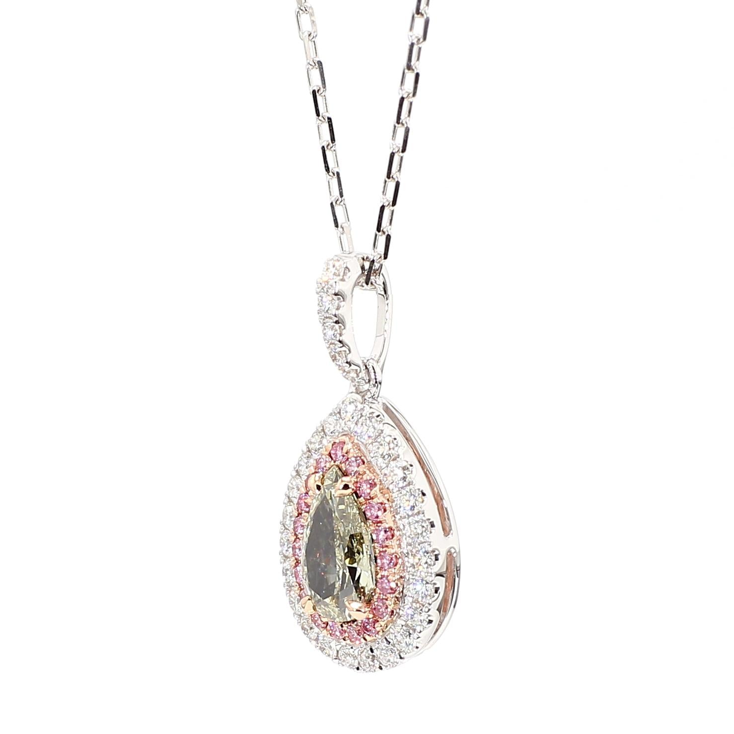 GIA Natural Fancy Grayish Yellowish Green Pear Diamond 1.20 Carat Gold Pendant