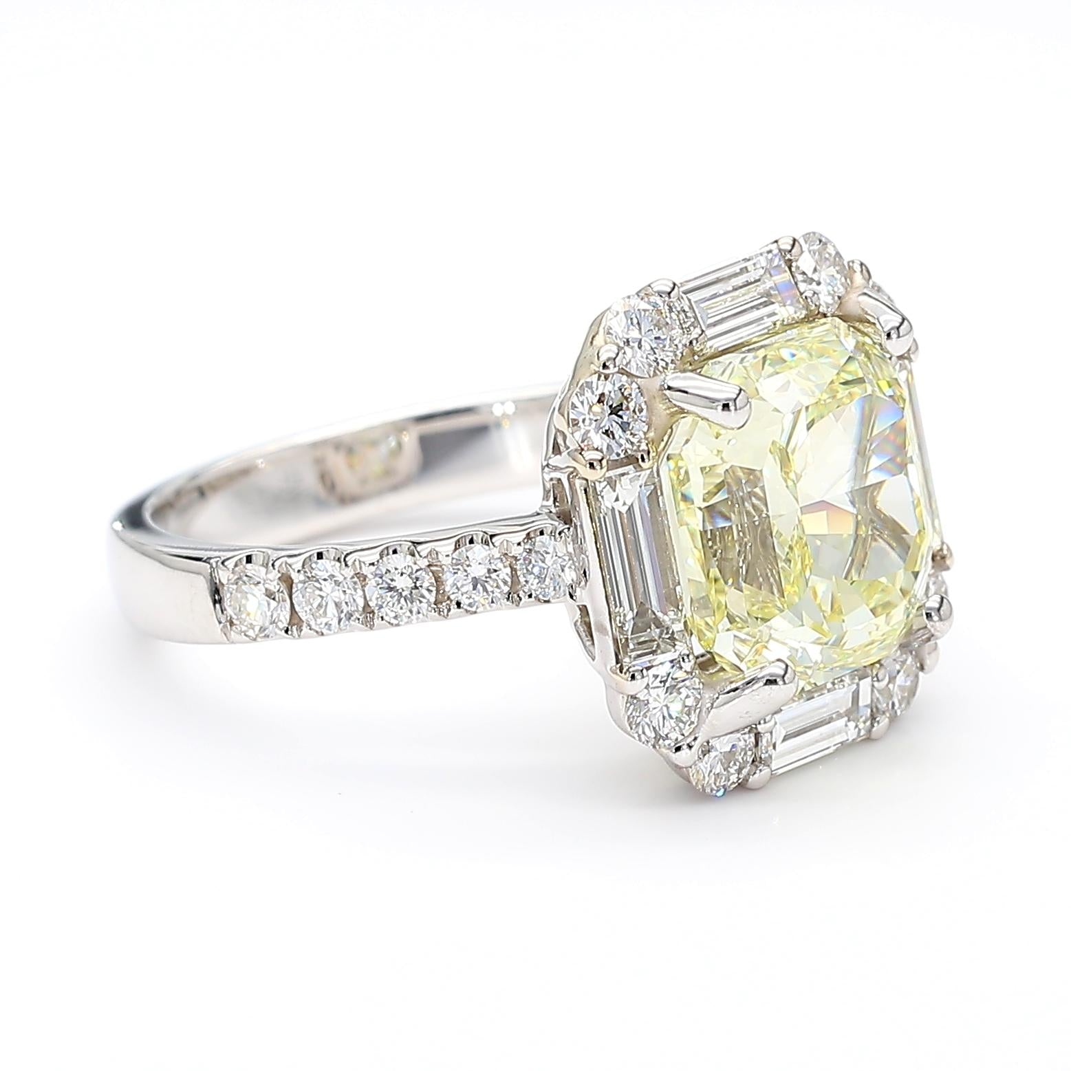 GIA Certified Natural Light Yellow Radiant Diamond 5.11 Carat TW Gold Ring