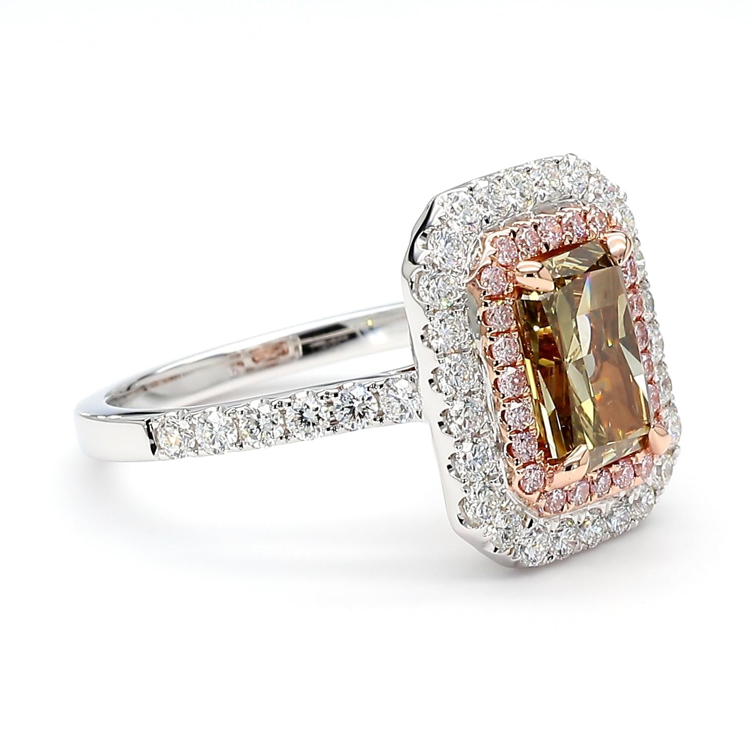 GIA Natural Fancy Dark Brown-Greenish Yellow Radiant Diamond 2.30 CTS Gold Ring