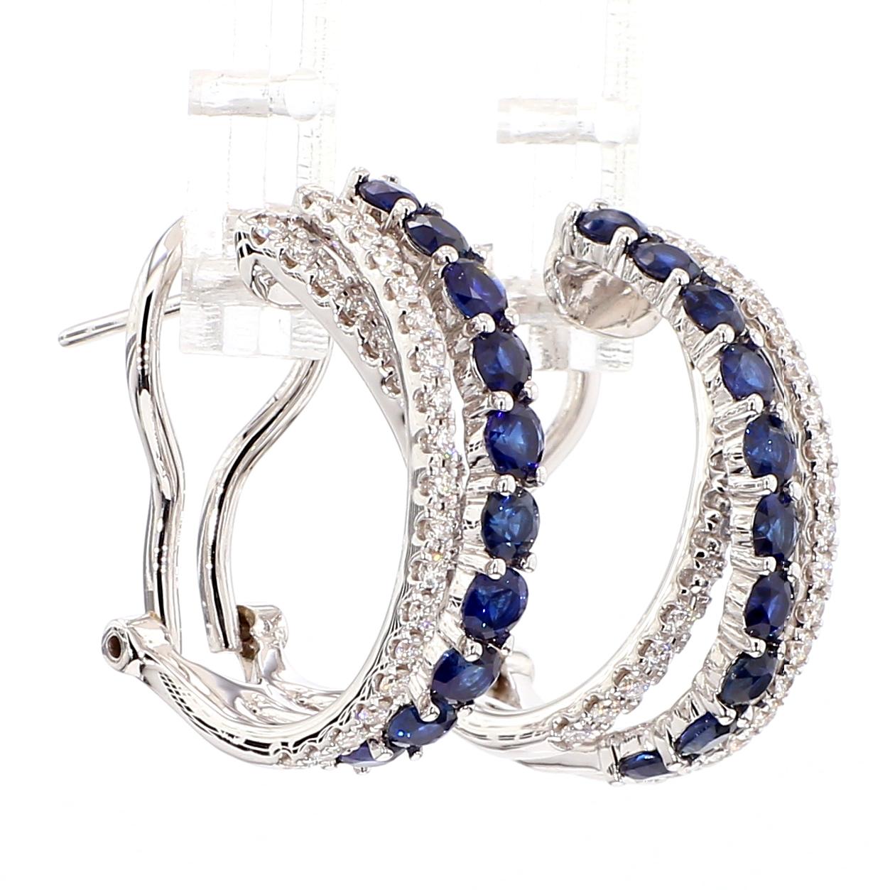 Natural Blue Round Sapphire and Diamond 1.76 Carat TW Gold Hoop Earrings
