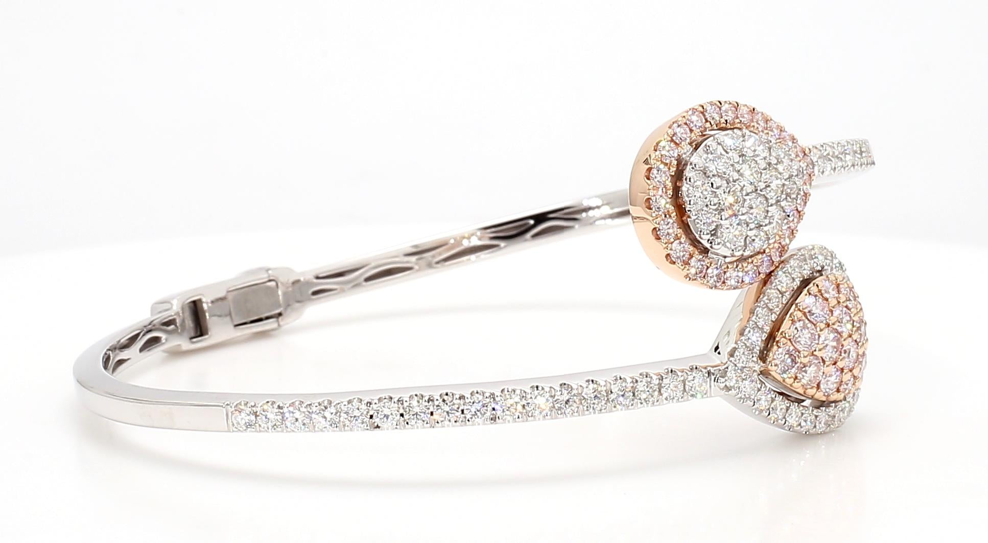 Natural Pink Round and White Diamond 2.65 Carat TW Gold Cuff Bracelet