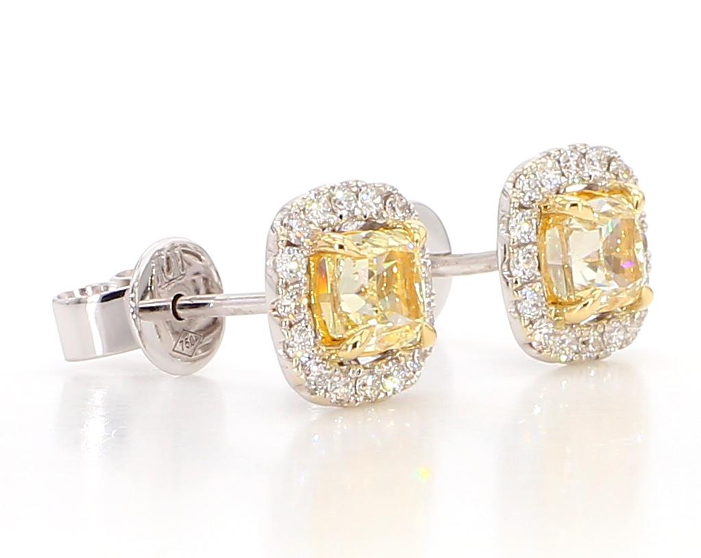 Natural Yellow Cushion and White Diamond 1.66 Carat TW Gold Stud Earrings