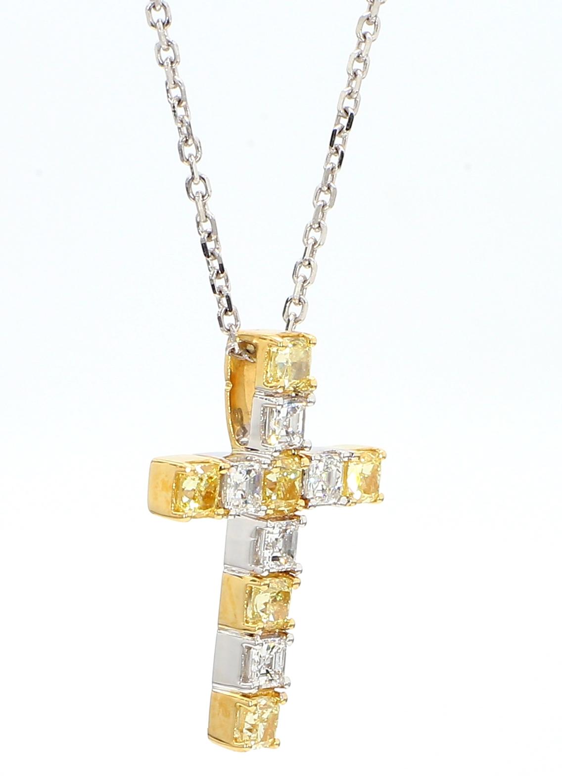 Natural Yellow Cushion and White Diamond 1.48 Carat TW Gold Cross Pendant