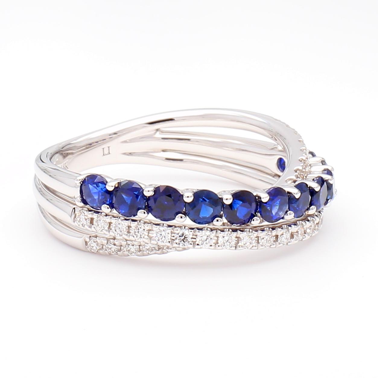Natural Blue Round Sapphire and White Diamond 0.93 Carat TW Gold Cocktail Band