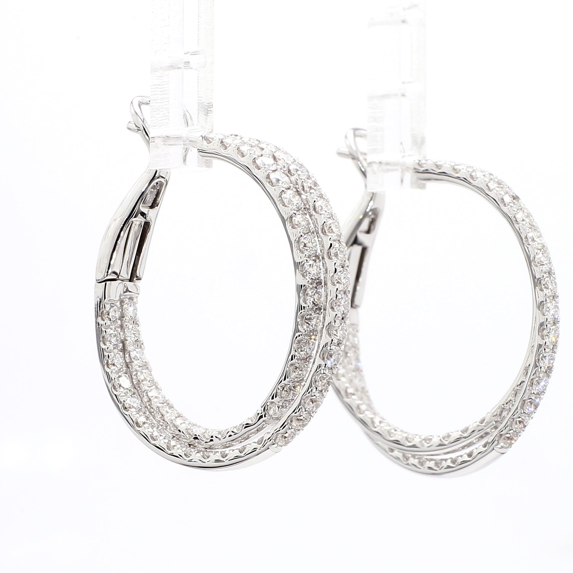Natural White Round Diamond 2.61 Carat TW White Gold Hoop Earrings
