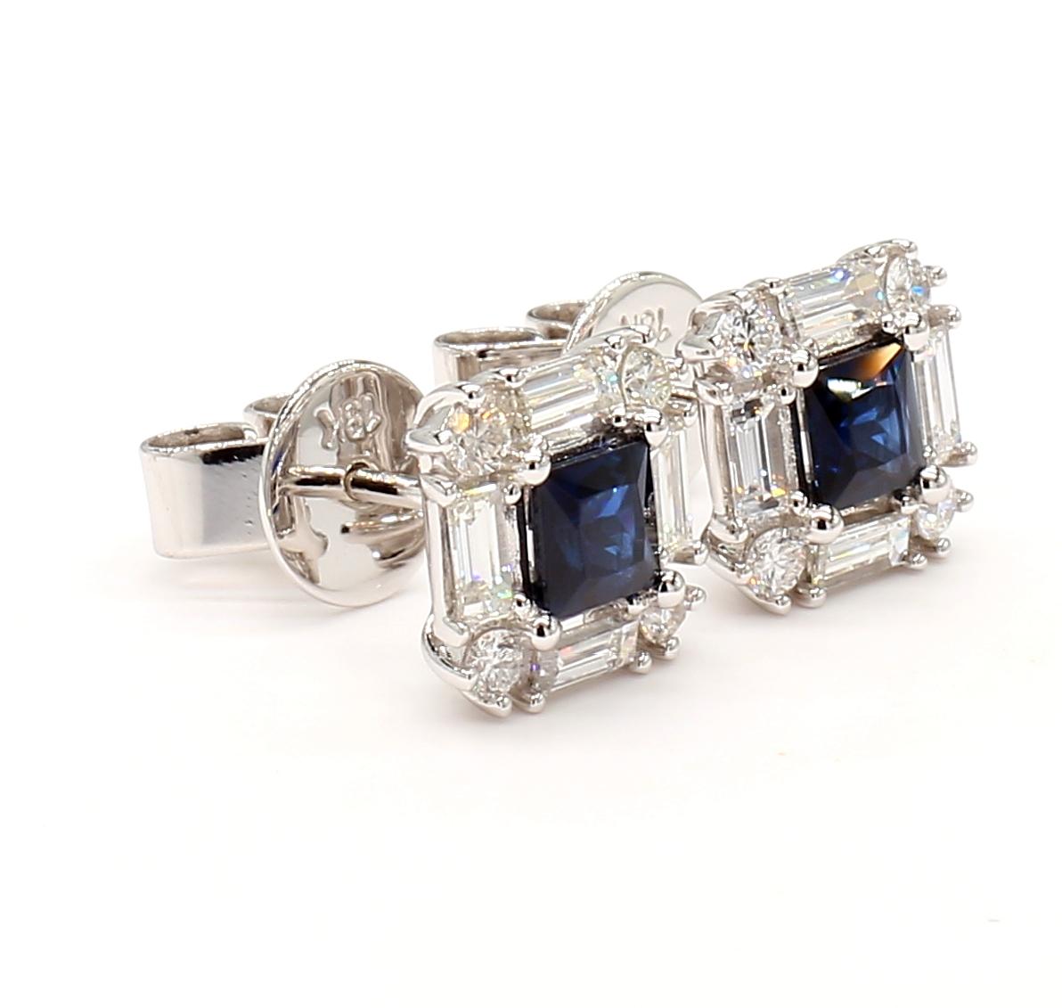 Natural Blue Princess Sapphire and White Diamond 1.4 Carat TW Gold Stud Earrings