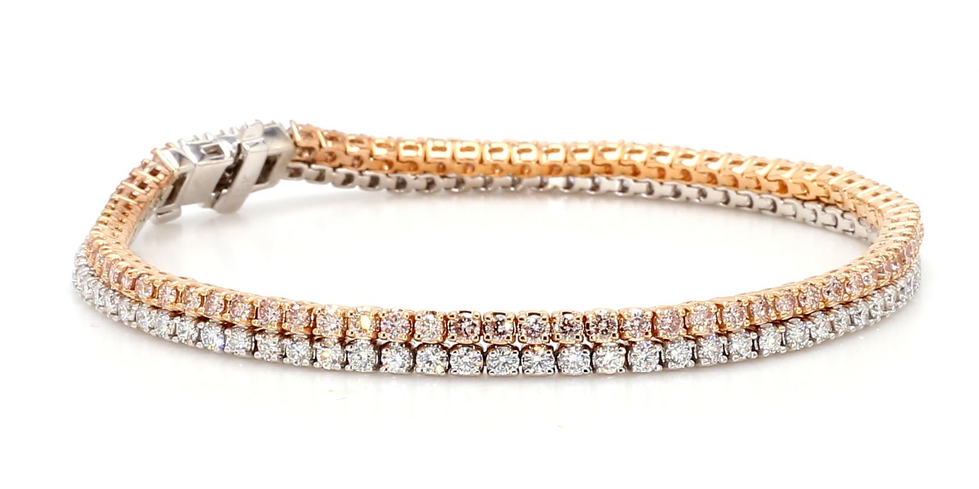Natural Pink Round Diamond 4.23 Carat TW Gold Bracelet