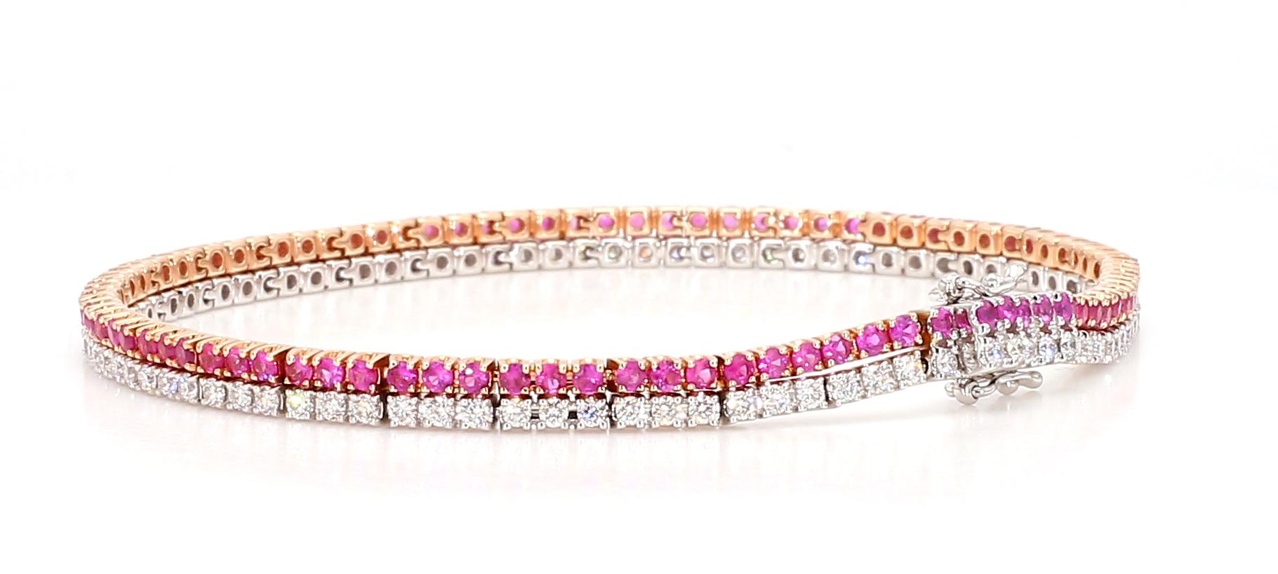 Natural Pink Round Sapphire and White Diamond 3.50 Carat TW Gold Tennis Bracelet