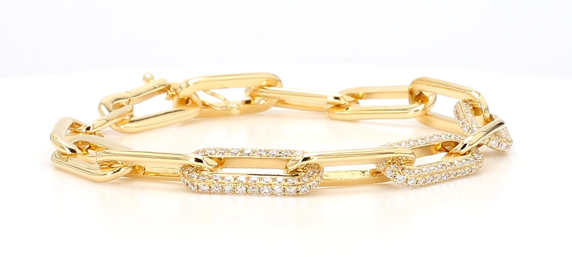 Natural White Round Diamond 2.01 Carat TW Yellow Gold Link Bracelet