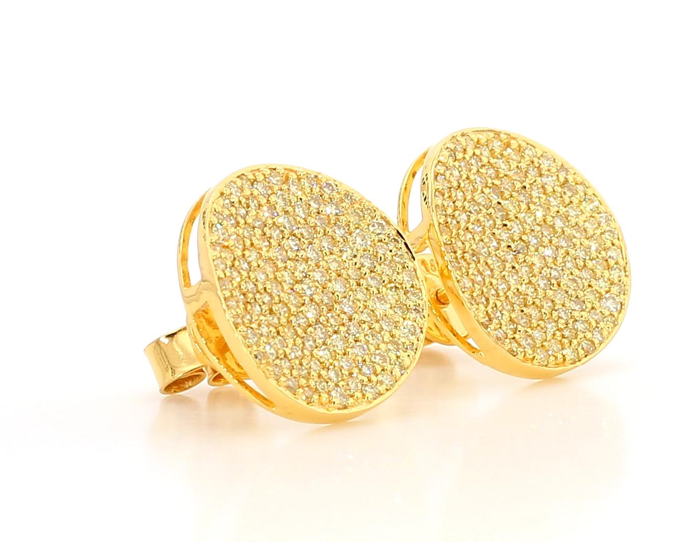 Natural Yellow Round Diamond 1.32 Carat TW Yellow Gold Stud Earrings