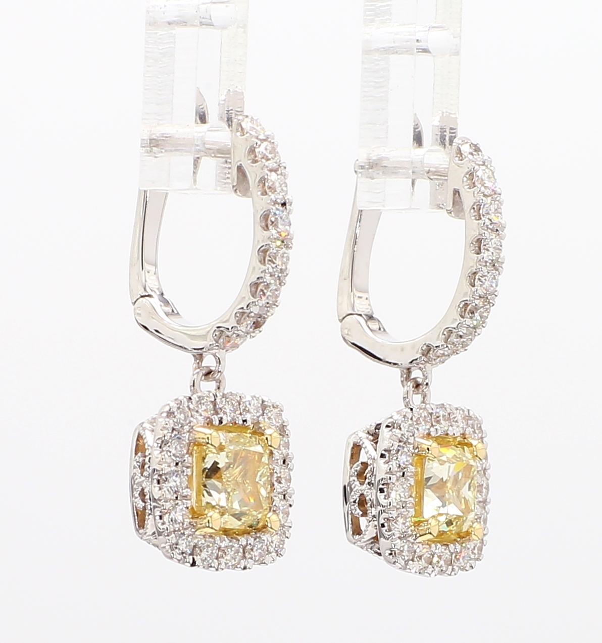 GIA Certified Natural Yellow Cushion Diamond 2.16 Carat TW Gold Drop Earrings