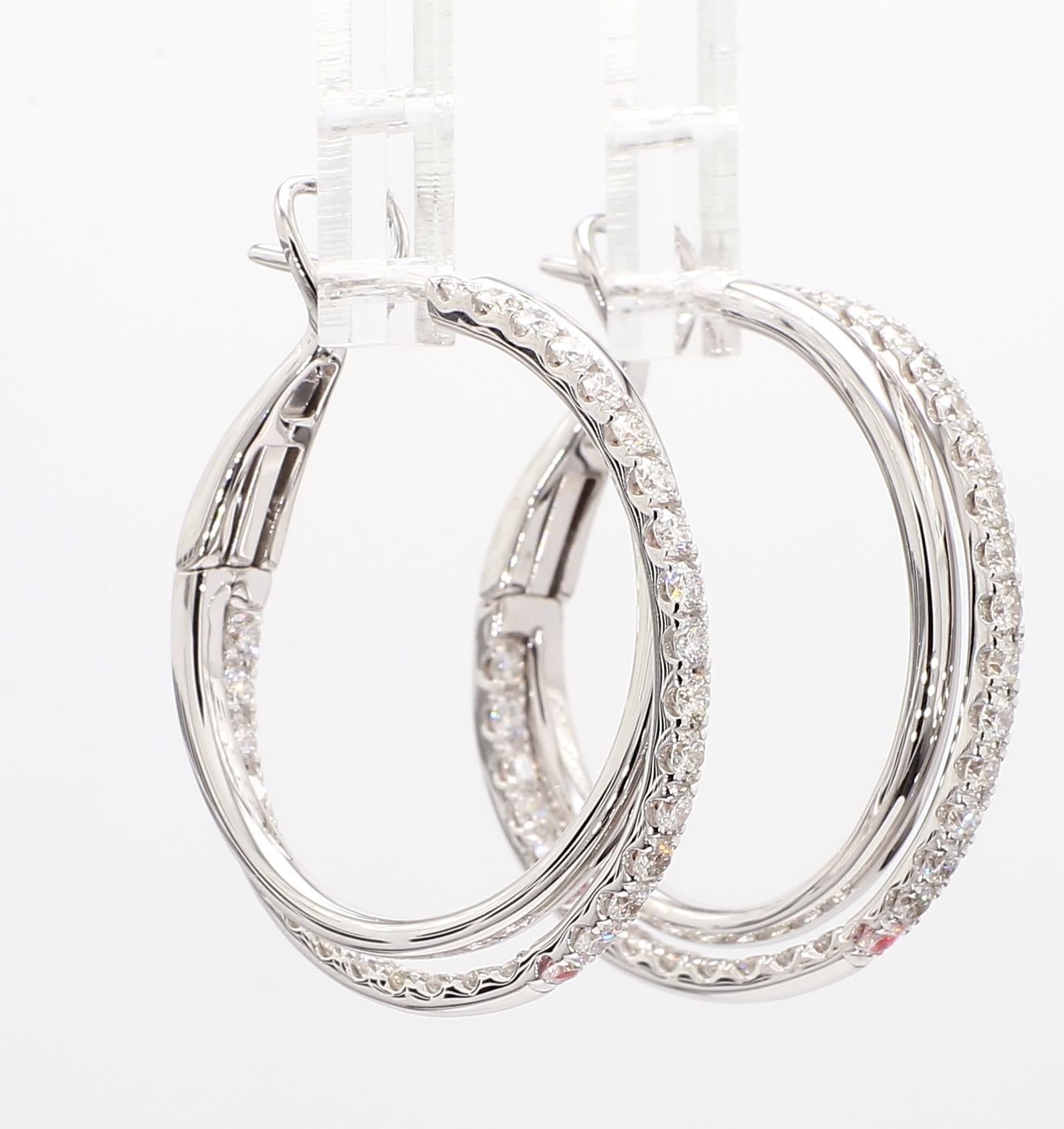 Natural White Round Diamond 1.45 Carat TW White Gold Loop Earrings
