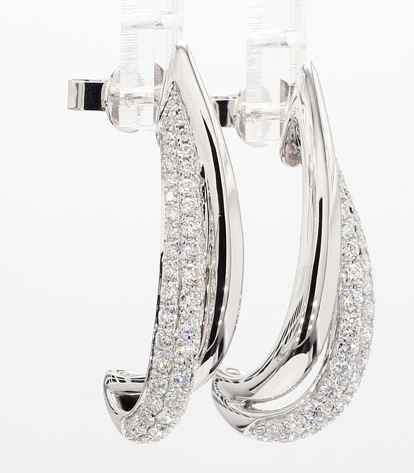 Natural White Round Diamond 2.02 Carat TW White Gold Loop Earrings