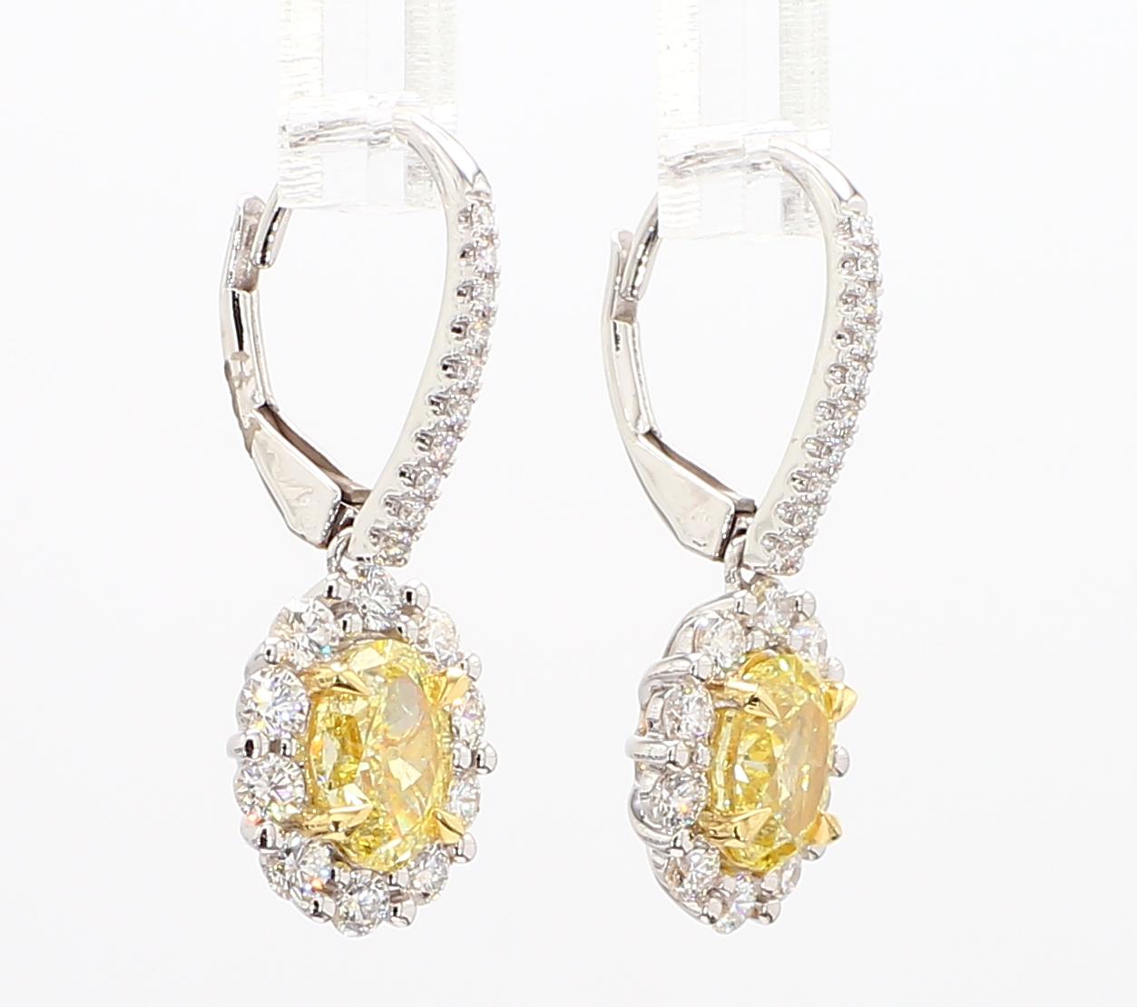 Natural Yellow Oval Diamond 2.19 Carat TW Gold Drop Earrings