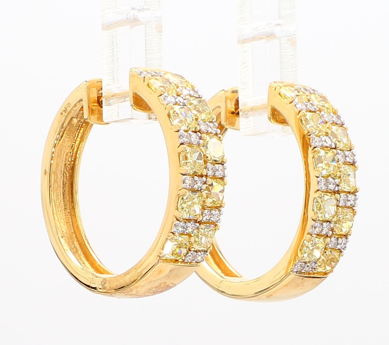 Natural Yellow Radiant Diamond 1.66 Carat TW Gold Hoop Earrings