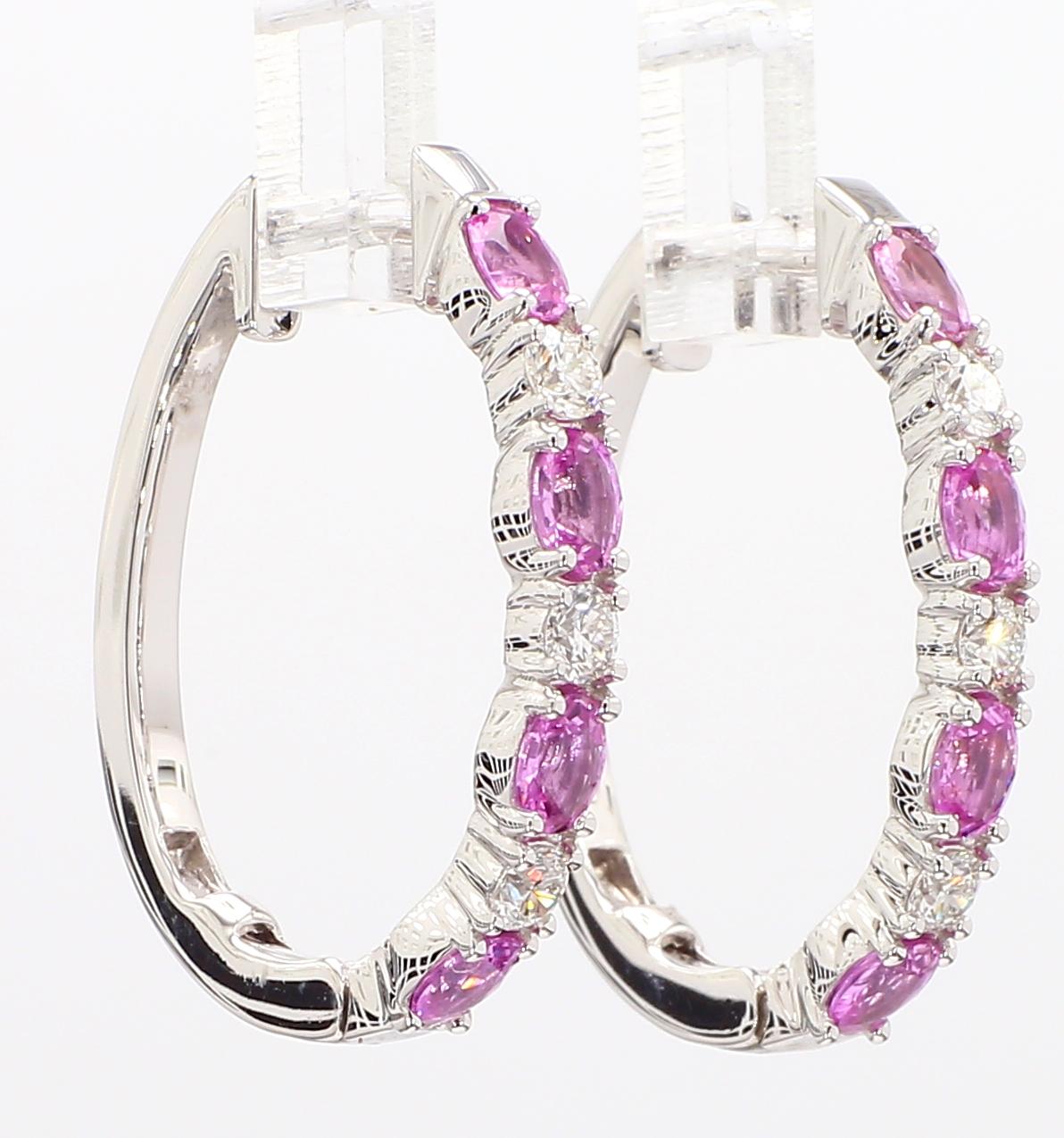 Natural Pink Round Sapphire and White Diamond 2.40 Carat TW Gold Hoop Earrings