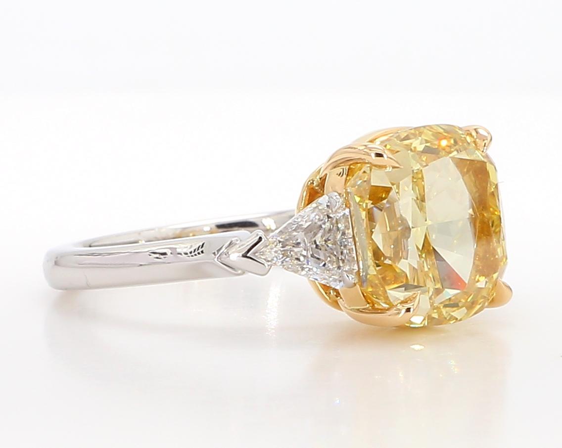 GIA Certified Natural Yellow Cushion Diamond 6.34 Carat TW Plat Cocktail Ring