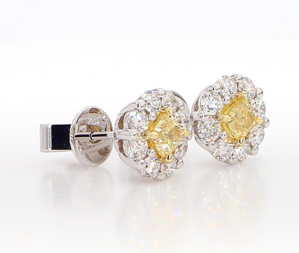 Natural Yellow Cushion Diamond 1.42 Carat TW Gold Stud Earrings