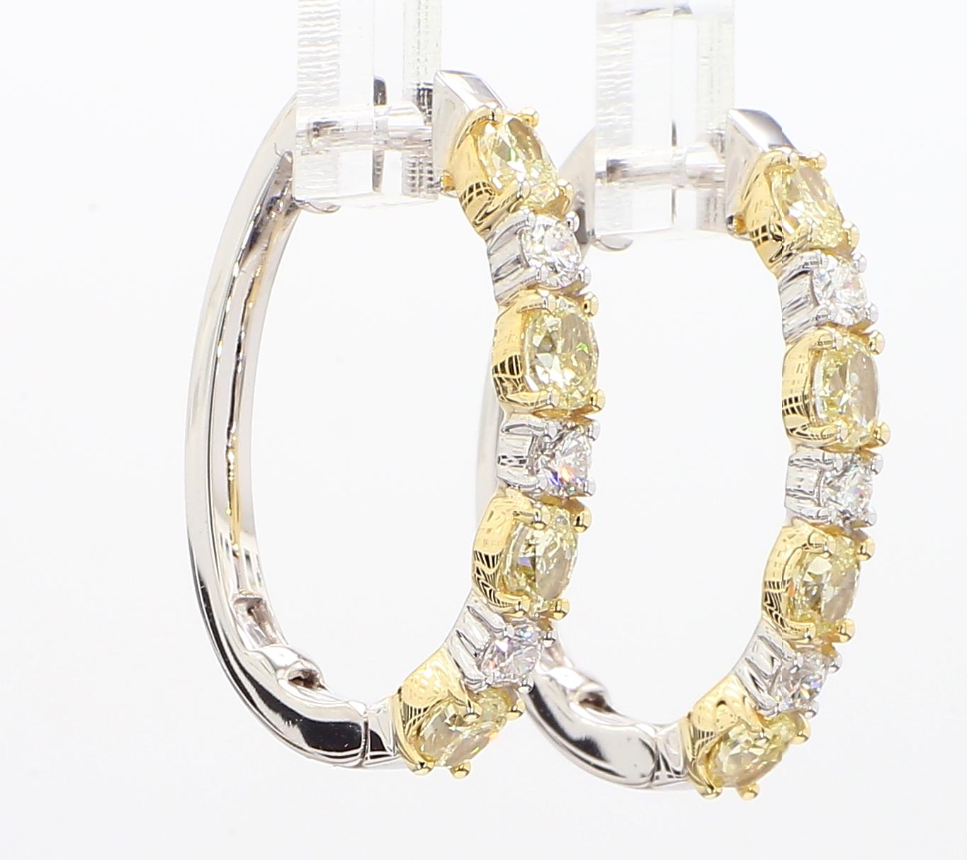 Natural Yellow Oval Diamond 2.40 Carat TW Gold Hoop Earrings