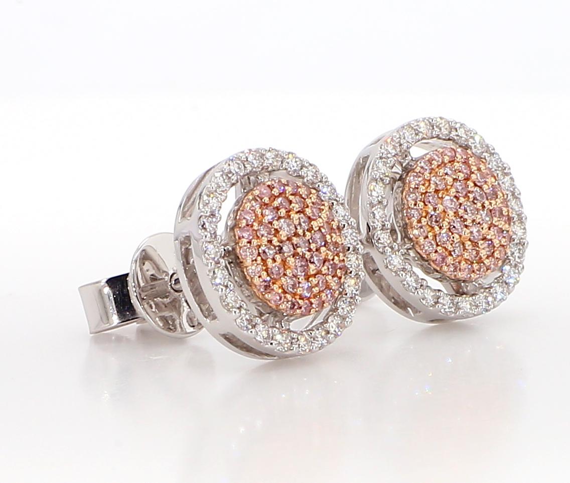 Natural Pink Round Diamond 0.57 Carat TW Gold Stud Earrings