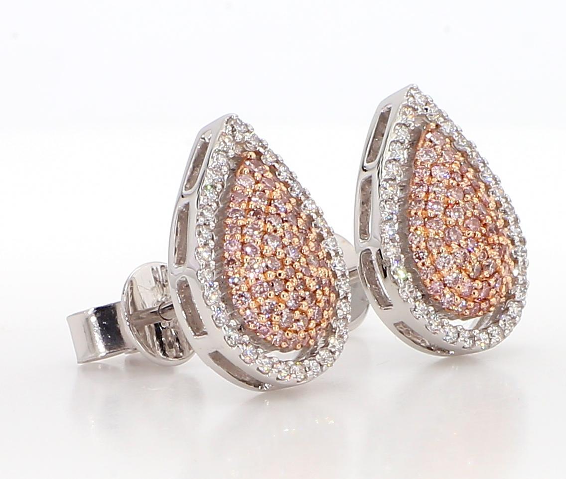 Natural Pink Round Diamond 0.70 Carat TW Gold Stud Earrings