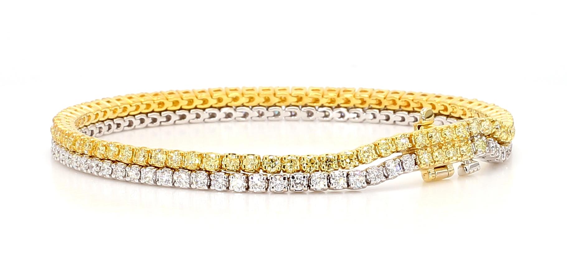 Natural Yellow Round and White Diamond 3.89 Carat TW Gold Bracelet