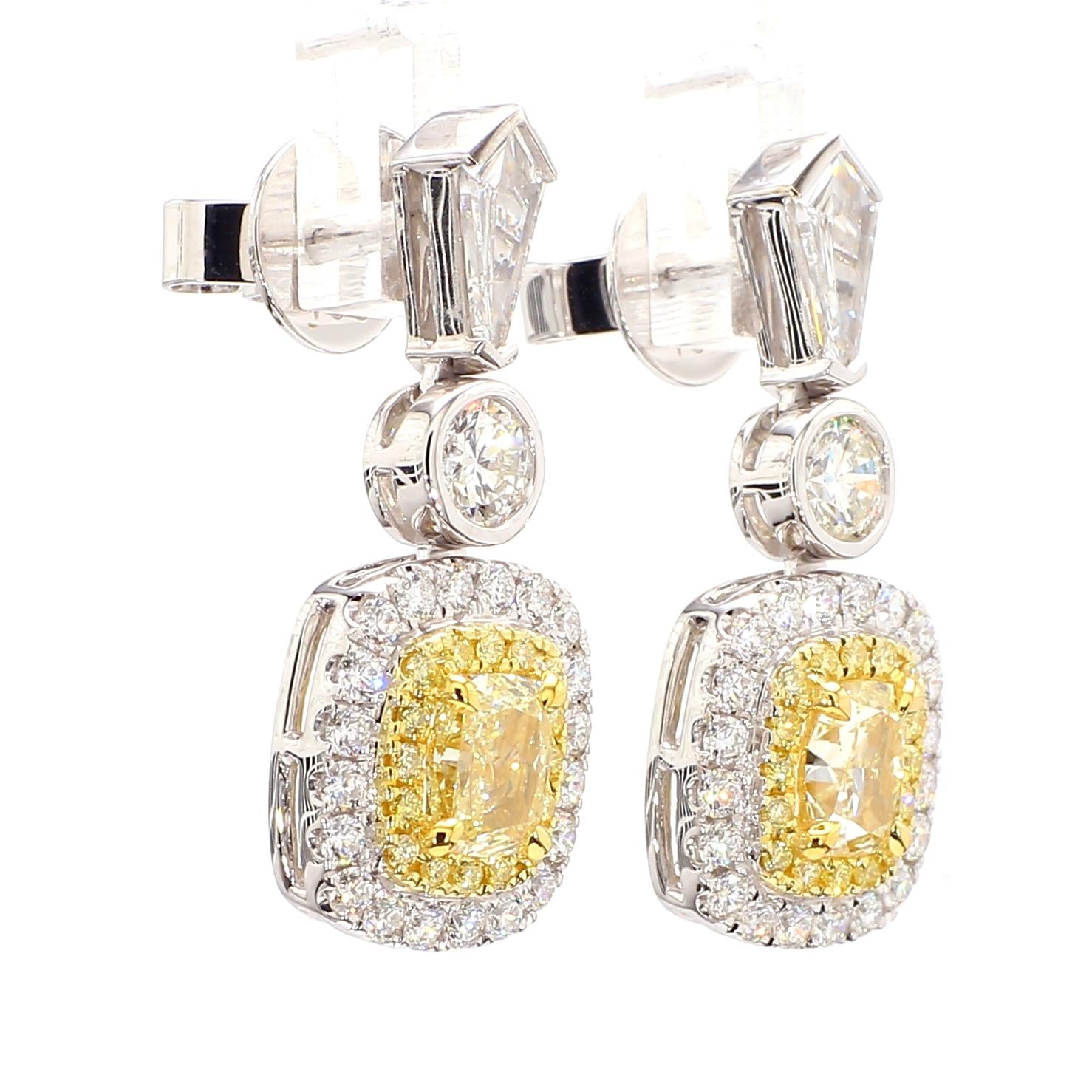 GIA Certified Natural Yellow Cushion Diamond 3.38 Carat TW Gold Drop Earrings