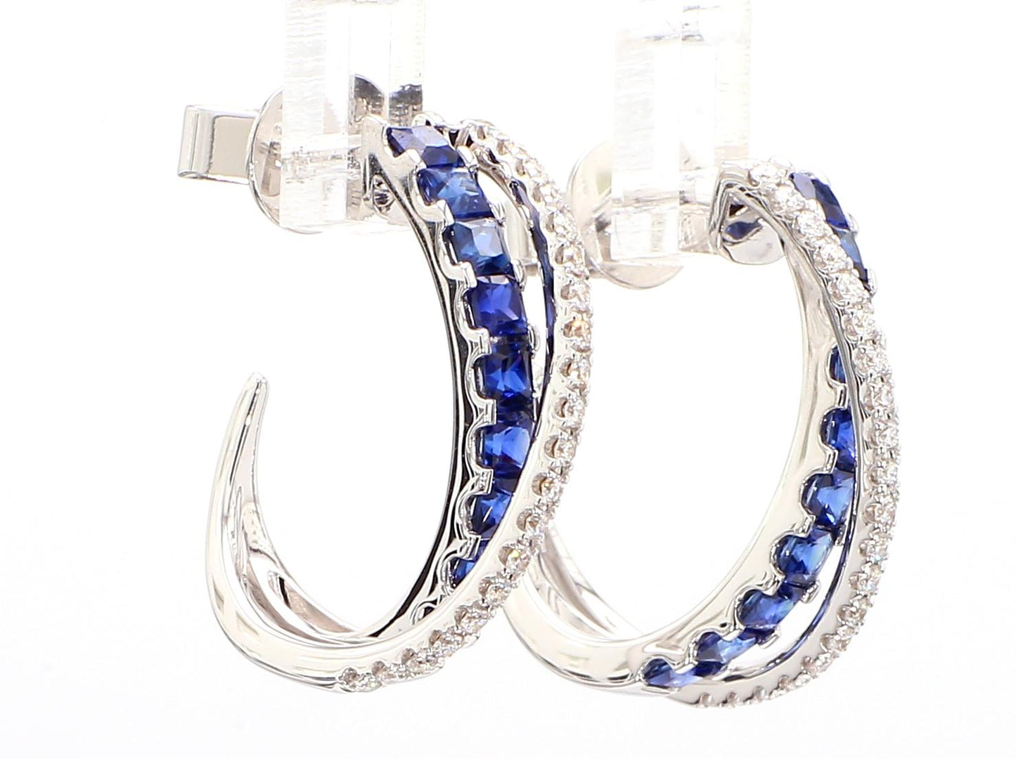 Natural Blue Princess Sapphire and Diamond 1.64 Carat TW Gold Hoop Earrings