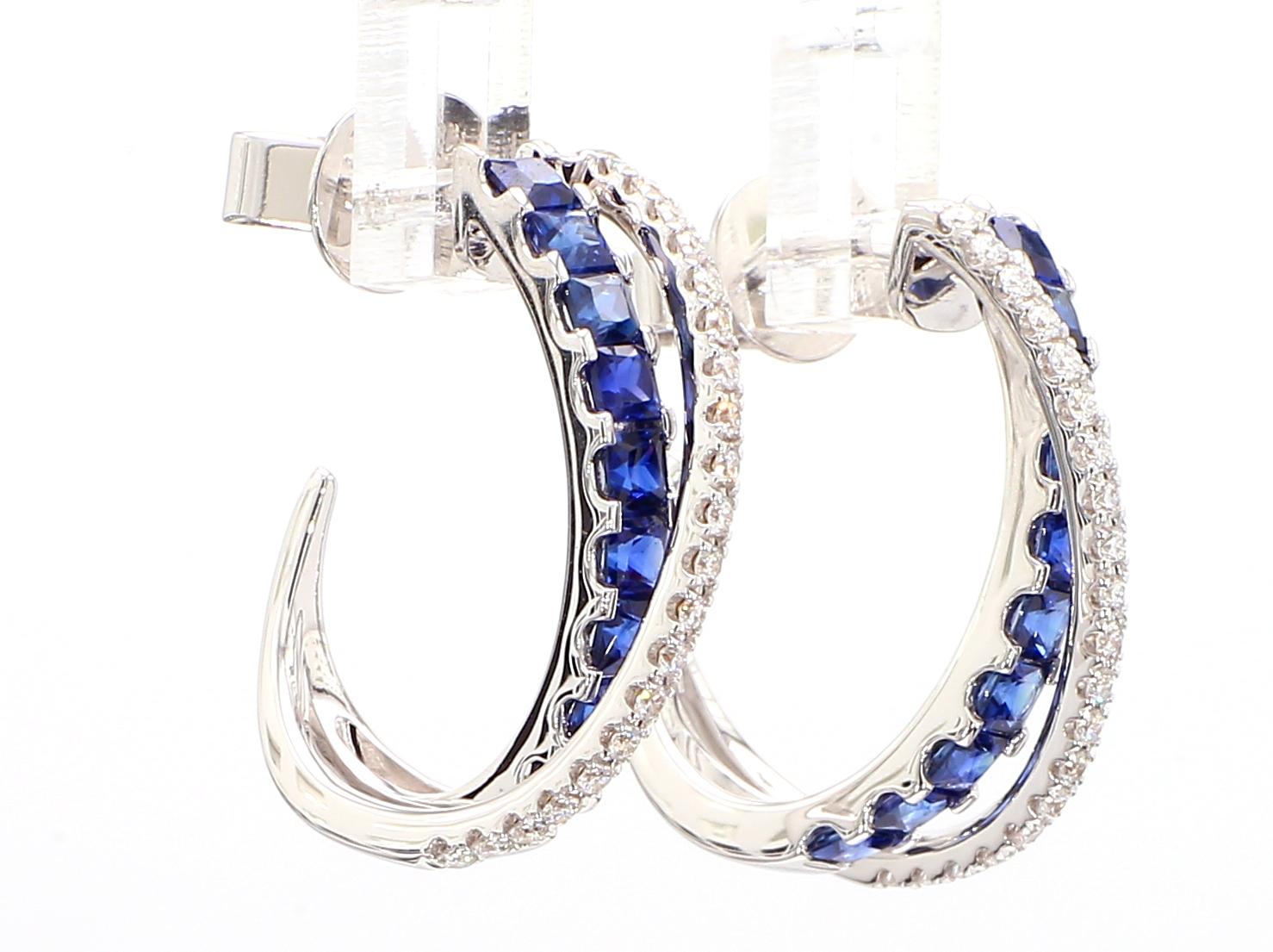 Natural Blue Princess Sapphire and Diamond 1.64 Carat TW Gold Hoop Earrings