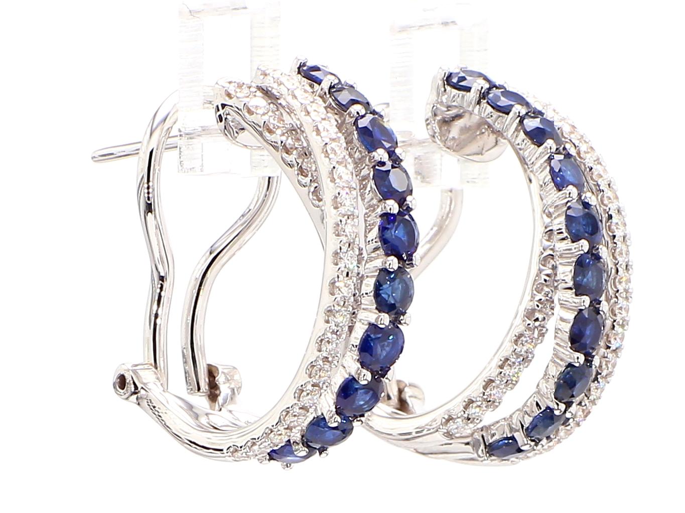 Natural Blue Round Sapphire and Diamond 2.13 Carat TW Gold Hoop Earrings