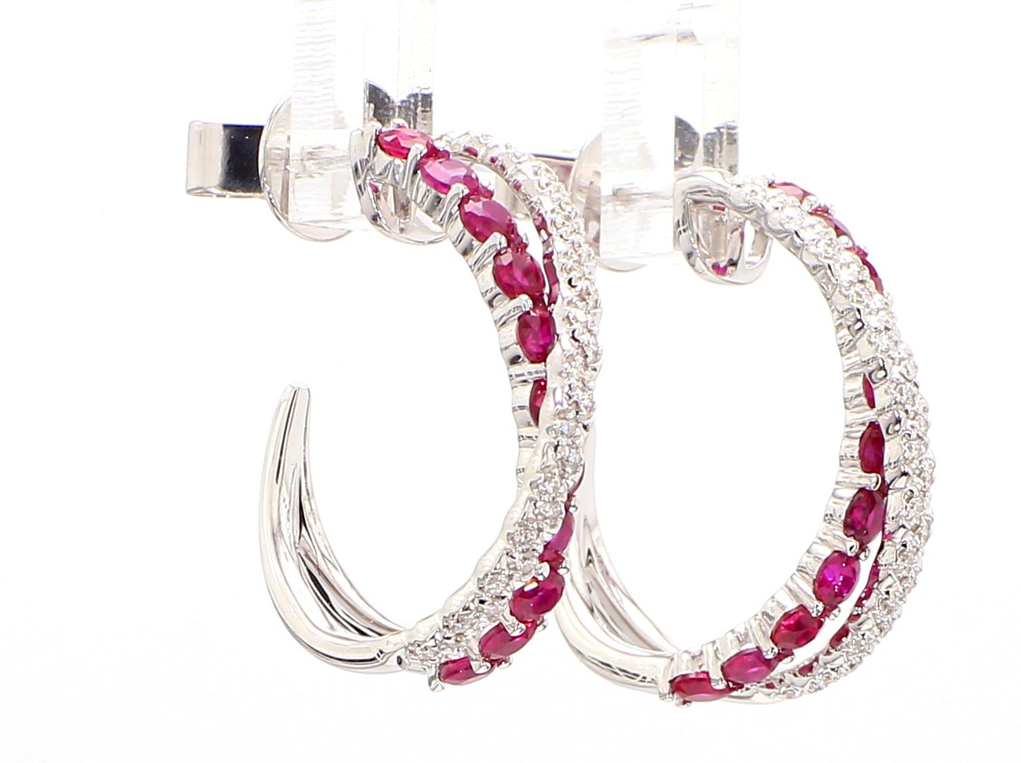 Natural Red Round Ruby and White Diamond 1.38 Carat TW Rose Gold Drop Earrings