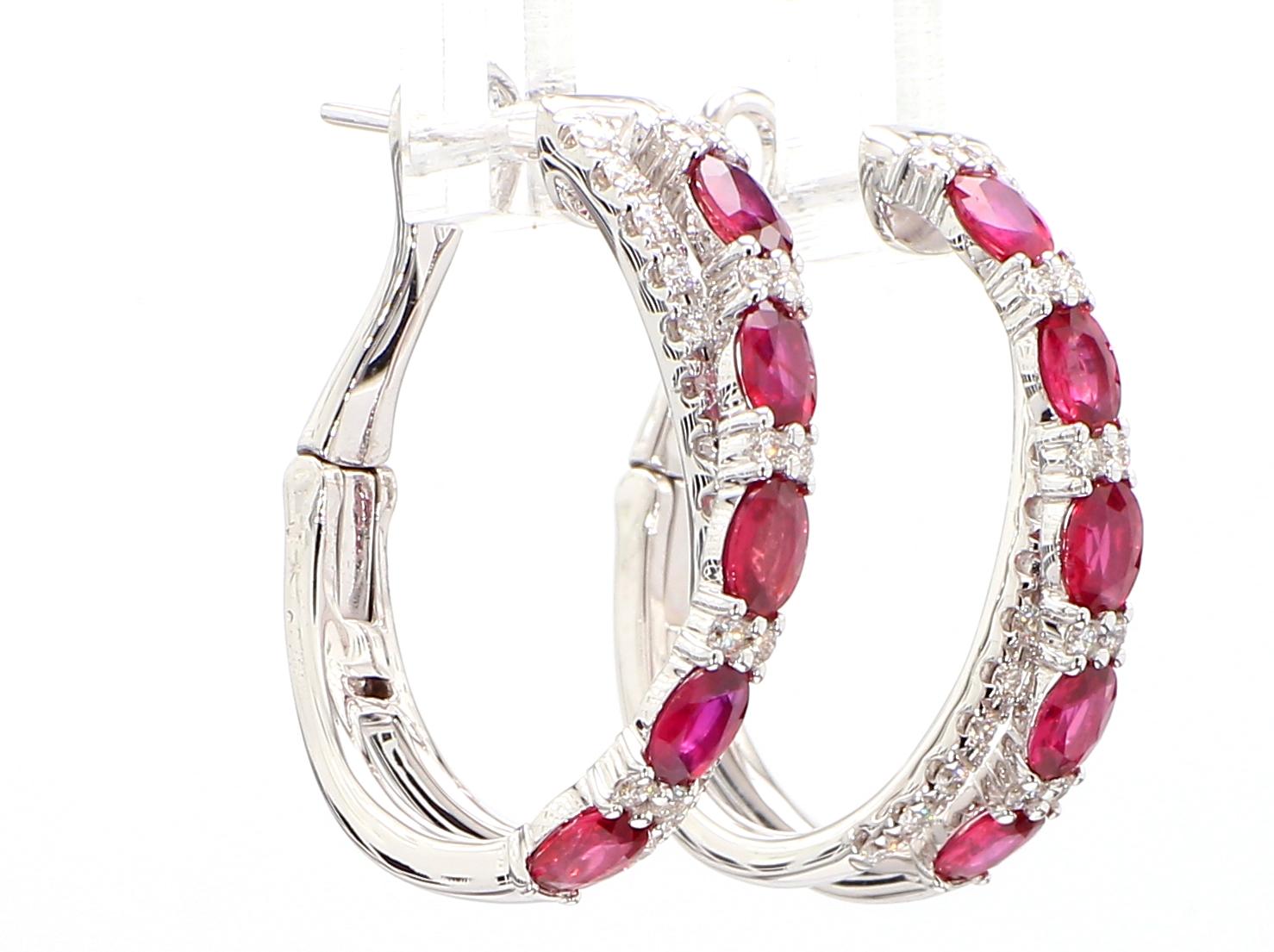 Natural Red Oval Ruby and White Diamond 3.20 Carat TW Gold Hoop Earrings