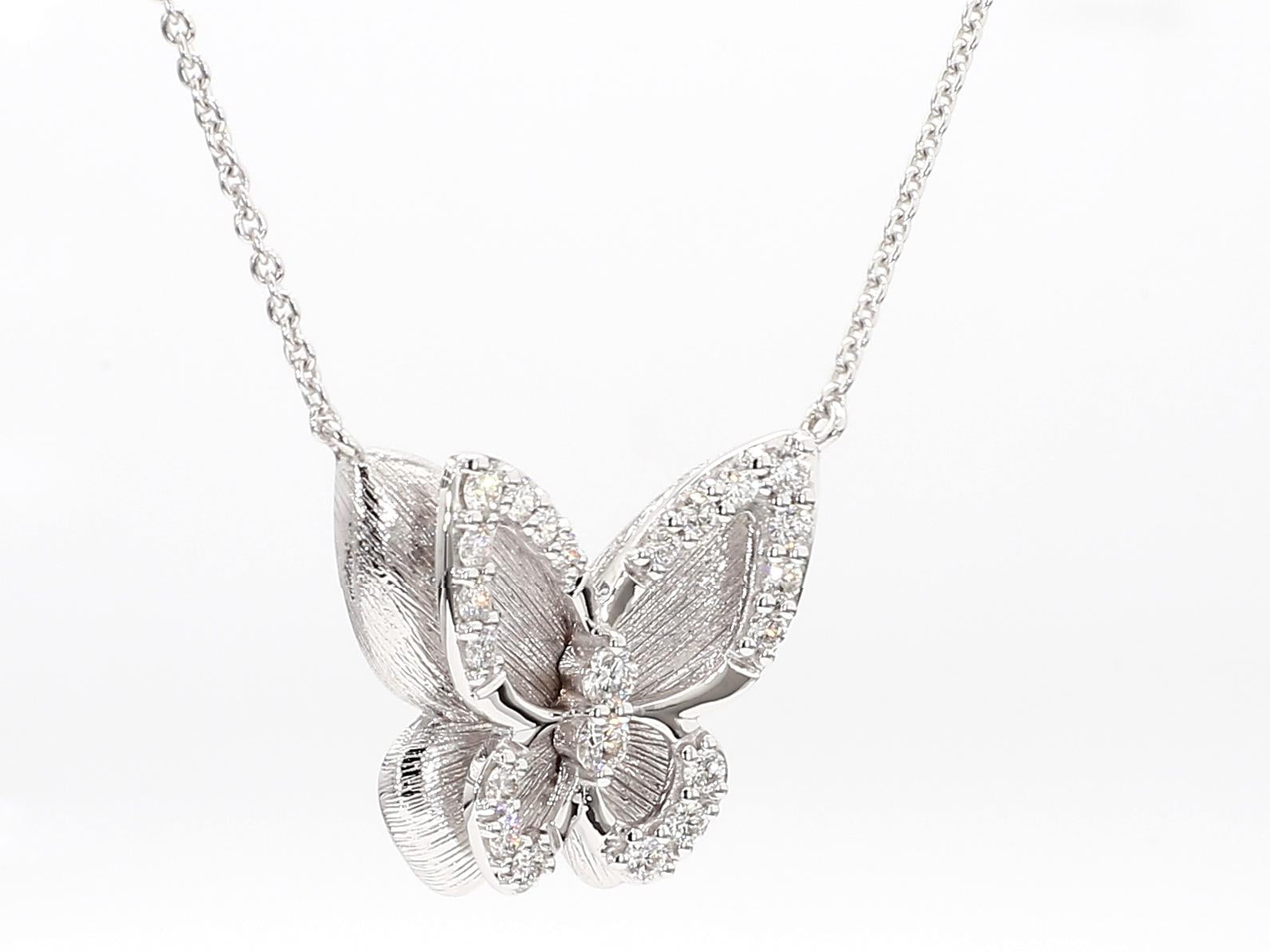 Natural White Round Diamond .65 Carat TW White Gold Butterfly Necklace