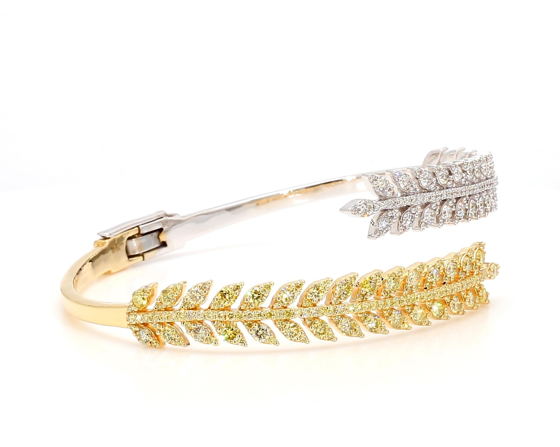 Natural Yellow Round and White Diamond 3.20 Carat TW Gold Cuff Bracelet