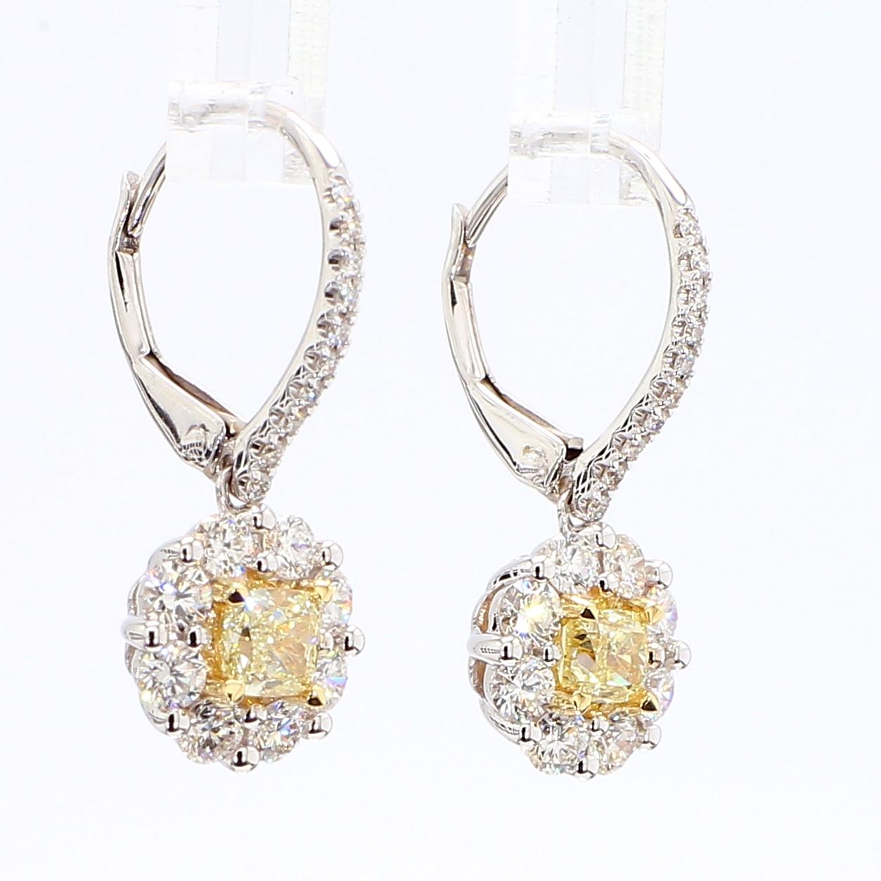 Natural Yellow Cushion Diamond 1.45 Carat TW Gold Drop Earrings