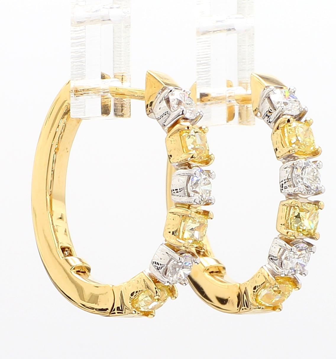 Natural Yellow Cushion Diamond 1.86 Carat TW Gold Hoop Earrings