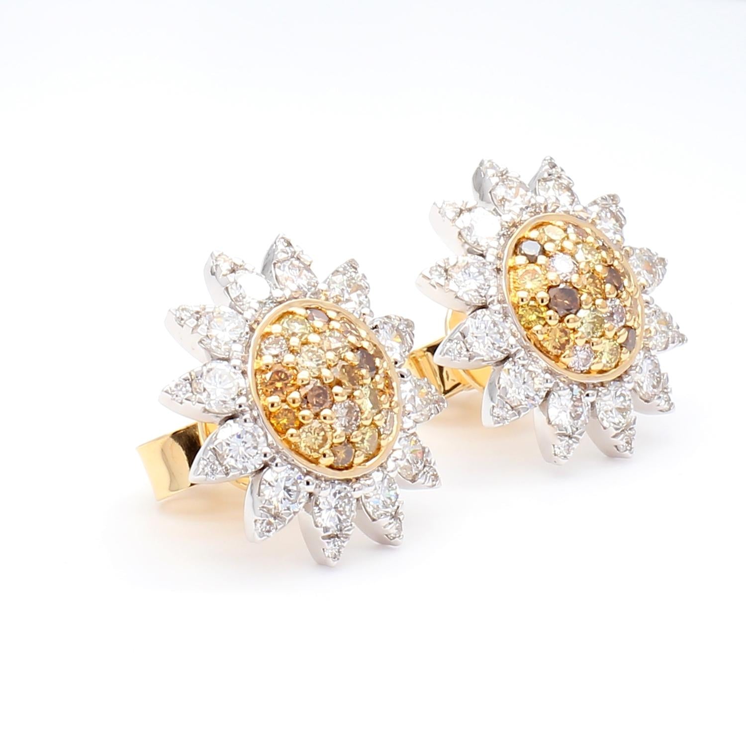 Natural Yellow Round and White Diamond 1.69 Carat TW Gold Stud Earrings