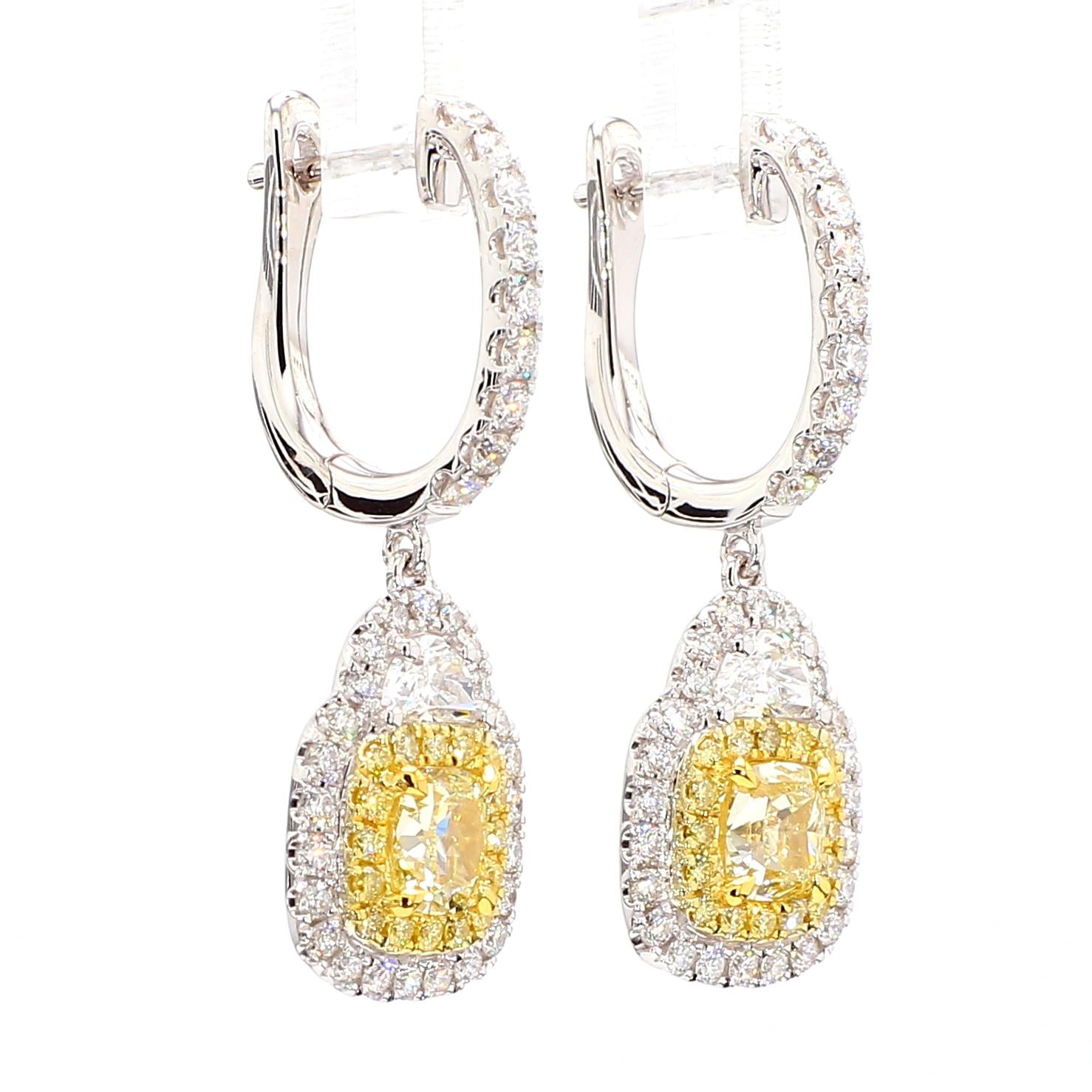 GIA Certified Natural Yellow Cushion Diamond 3.16 Carat TW Gold Drop Earrings