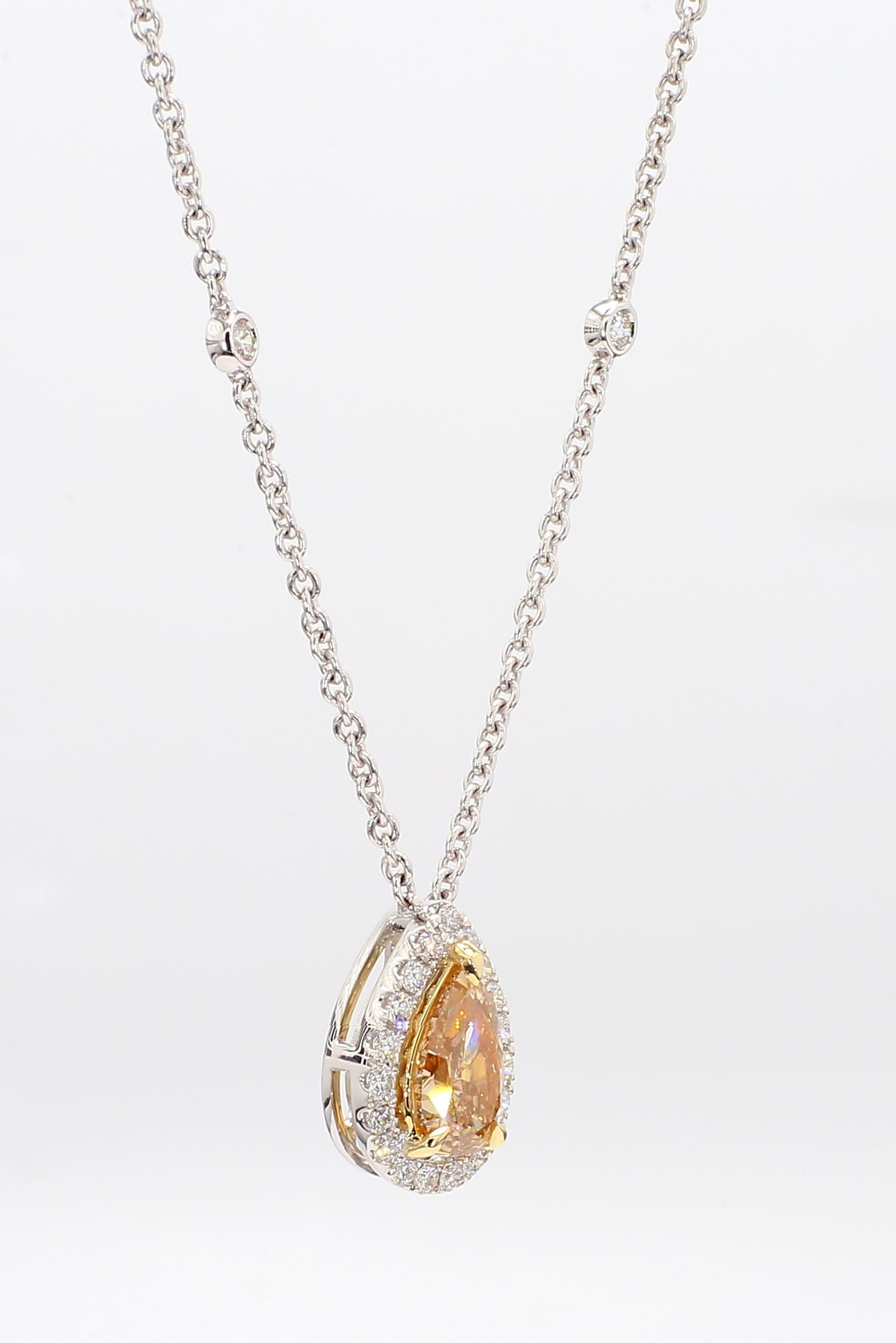 GIA Certified Natural Brown-Yellow Pear Diamond 1.43 Carat TW Gold Necklace