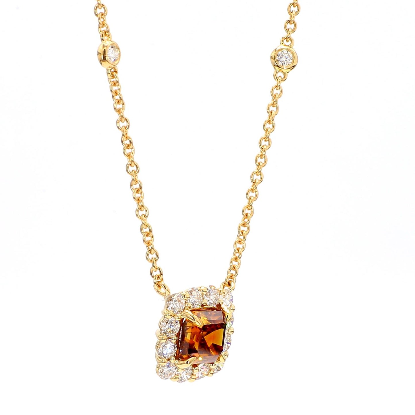 GIA Certified Natural Orange Asscher Diamond 1.59 Carat TW Gold Necklace