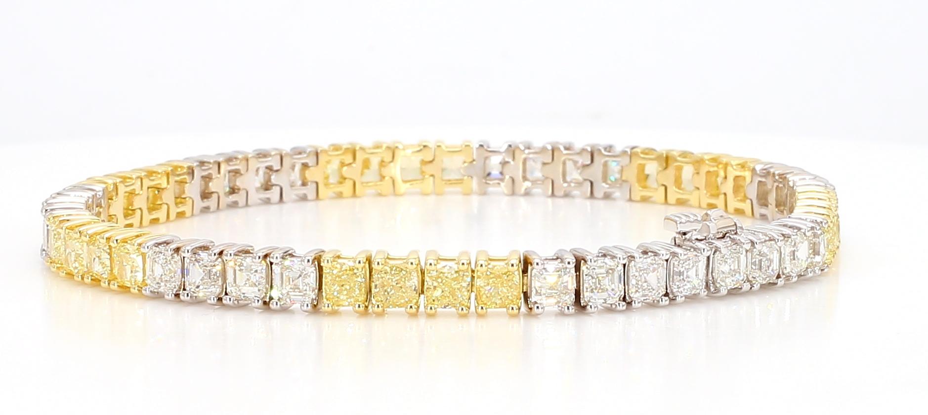 Natural Yellow Cushion and White Diamond 11.54 Carat TW Gold Tennis Bracelet